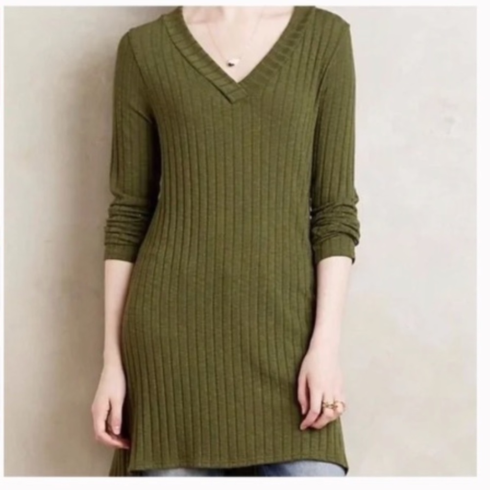 NWT Anthropologie Deletta Green Ribbed Button Side V-neck Tunic Blouse
